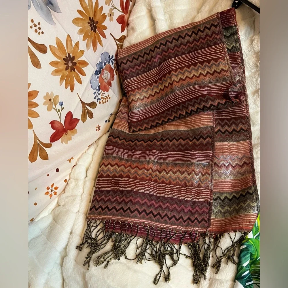 Gorgeous Boho Chevron Brown Gold Black Retro Style Tasseled Fashion Hippie Scarf